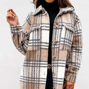 Khaki & White Plaid Pocket Longline Button-Up Shacket